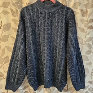CC HUGHES Vtg XL Men Moc Neck Sweater Acrylic Wool CableKnit Pullover Blue ITALY